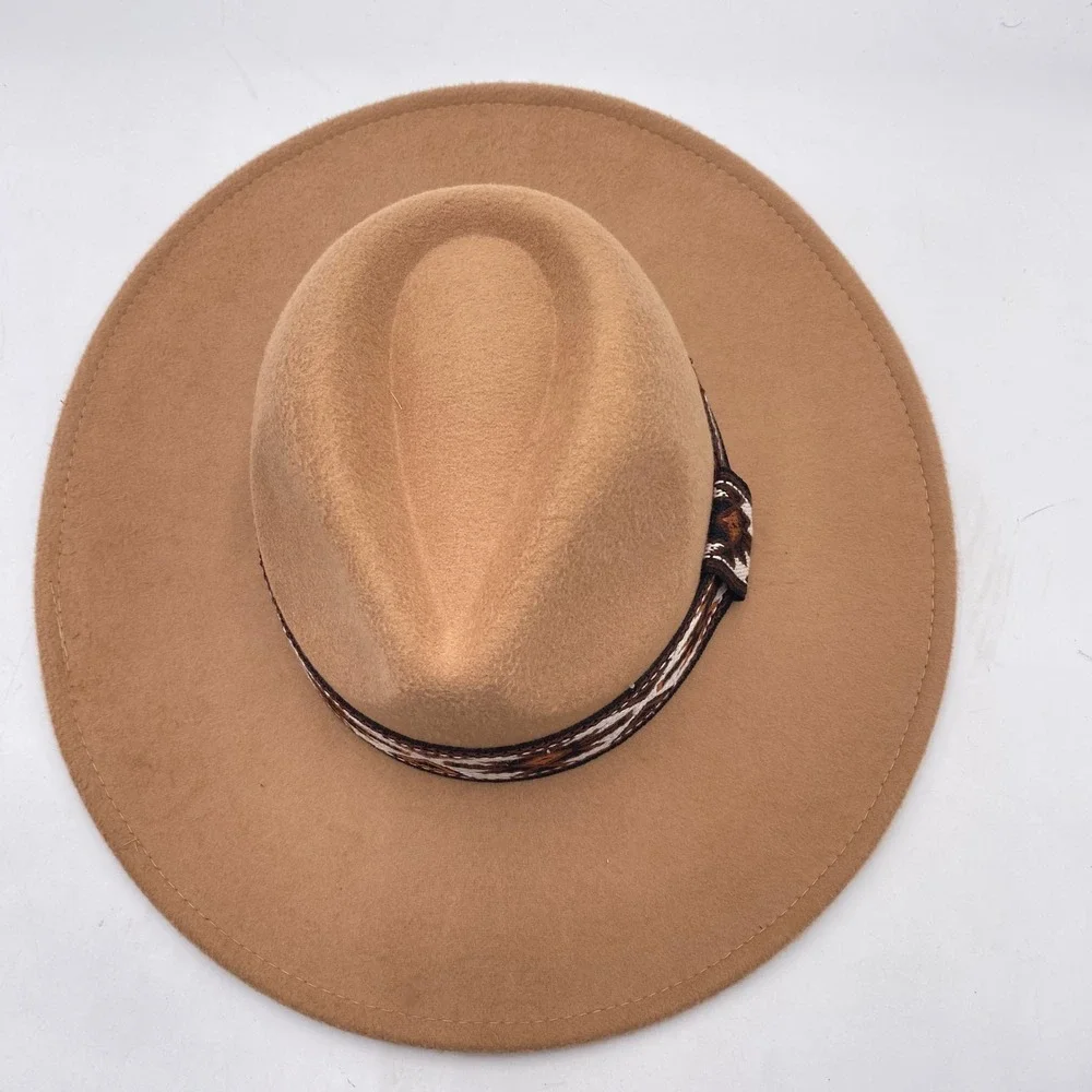 Wide Brim Fedora Hat OSFM Tan Southwestern Band Western Boho Adjustable vGC
